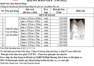 BẢNG GIÁ PE FOAM CẬP NHẬT 01/08/2022